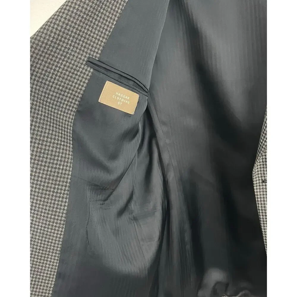 Vintage 80s 90s Haggar Black Tan Houndstooth Tweed Blazer Sport Coat 42L USA
